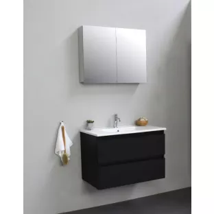 Sanilet bathroom furniture 80 cm wide - matt black - flatpack - with mirror cabinet - porcelain washbasin - 1 tap hole