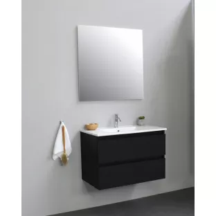 Sanilet bathroom furniture 80 cm wide - matt black - construction kit - with mirror - porcelain washbasin - 1 tap hole