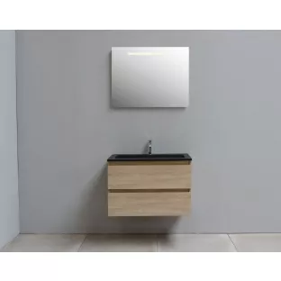 Sanilet bathroom furniture 80 cm wide - oak - flatpack - with LED lighting - washbasin black acrylic - 1 tap hole