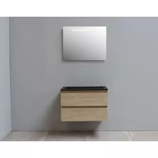 Sanilet bathroom furniture 80 cm wide - oak - flatpack - with LED lighting - washbasin black acrylic - 0 tap holes