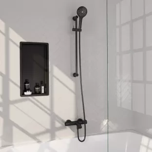 Brauer Black Carving Surface-mounted Bath shower thermostat tap - sliding bar - round hand shower 3 settings - shower hose - matt black