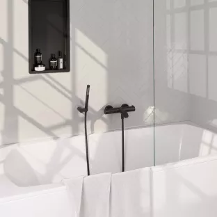 Brauer Black Carving Surface-mounted Bath shower thermostatic tap - wall bracket - rod hand shower - shower hose - matt black