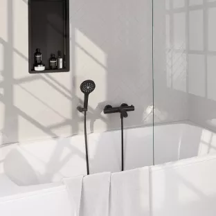 Brauer Black Carving Surface-mounted Bath shower thermostatic tap - wall bracket - round hand shower 3 settings - shower hose - matt black