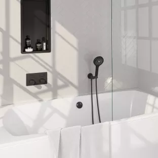 Brauer Black Carving built-in bath thermostat with push buttons - bath filling combination - round hand shower - shower hose - wall connection bend - Matt Black