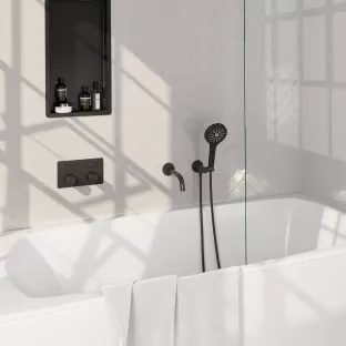 Brauer Black Carving built-in bath thermostat with push buttons - spout - round hand shower - shower hose - wall connection bend - Matt Black