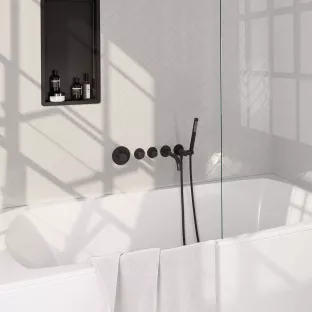 Brauer Black Carving built-in bath thermostat with spout - rod hand shower - shower hose - wall connection bend - Matt Black