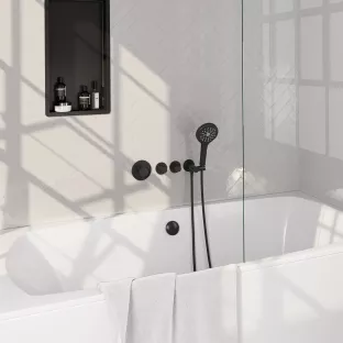 Brauer Black Carving built-in bath thermostat with bath filling combination - round hand shower - shower hose - wall connection bend - Matt Black