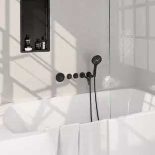 Brauer Black Carving built-in bath thermostat with spout - round hand shower - shower hose - wall connection bend - Matt Black