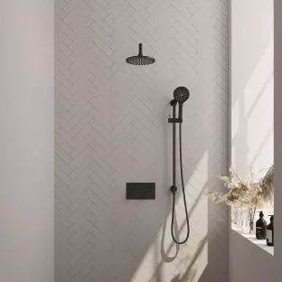 Brauer Black Carving Thermostatic Built-in Shower Set Push buttons - Overhead shower 20 cm - Curved wall arm - Round hand shower - Sliding bar with connection bend - Matt Black