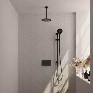 Brauer Black Carving Thermostatic Built-in Shower Set Push buttons - Overhead shower 20 cm - Ceiling arm - Round hand shower - Sliding bar with connection bend - Matt Black