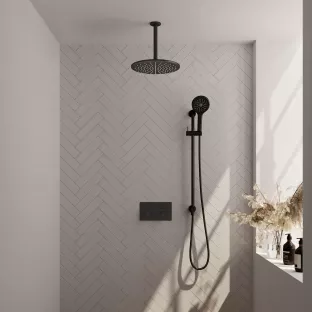 Brauer Black Carving Thermostatic Built-in Shower Set Push buttons - Overhead shower 30 cm - Ceiling arm - Round hand shower - Sliding bar with connection bend - Matt Black