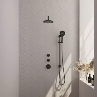 Brauer Black Carving Thermostatic Built-in Shower Set - Overhead shower 20 cm - Curved wall arm - Round hand shower - Sliding bar with connection bend - Matt black