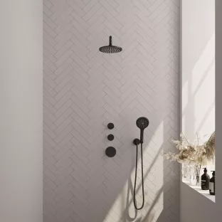 Brauer Black Carving Thermostatic Built-in Shower Set - Overhead shower 20 cm - Curved wall arm - Round hand shower - Wall connection - Matt black