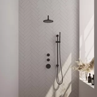 Brauer Black Carving Thermostatic Built-in Shower Set - Overhead shower 20 cm - Curved wall arm - Rod hand shower - Sliding bar with connection bend - Matt black