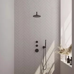 Brauer Black Carving Thermostatic Built-in Shower Set - Overhead shower 20 cm - Curved wall arm - Rod hand shower - Wall connection - Matt black