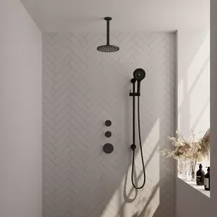 Brauer Black Carving Thermostatic Built-in Shower Set - Overhead shower 20 cm - Ceiling arm - Round hand shower - Sliding bar with connection bend - Matt black