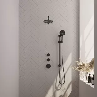 Brauer Black Carving Thermostatic Built-in Shower Set - Overhead shower 20 cm - Straight wall arm - Round hand shower - Sliding bar with connection bend - Matt black