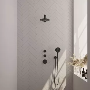 Brauer Black Carving Thermostatic Built-in Shower Set - Overhead shower 20 cm - Straight wall arm - Round hand shower - Wall connection - Matt black