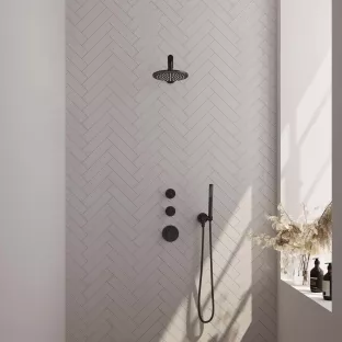 Brauer Black Carving Thermostatic Built-in Shower Set - Overhead shower 20 cm - Straight wall arm - Rod hand shower - Wall connection - Matt black