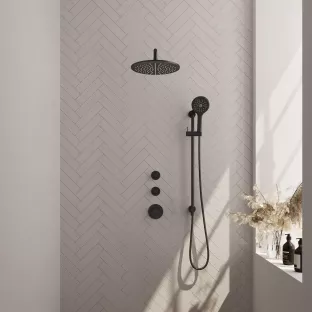 Brauer Black Carving Thermostatic Built-in Shower Set - Overhead shower 30 cm - Curved wall arm - Round hand shower - Sliding bar with connection bend - Matt black