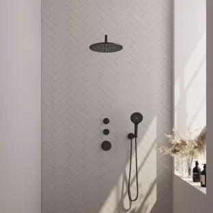 Brauer Black Carving Thermostatic Built-in Shower Set - Overhead shower 30 cm - Curved wall arm - Round hand shower - Wall connection - Matt black