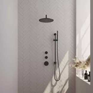 Brauer Black Carving Thermostatic Built-in Shower Set - Overhead shower 30 cm - Curved wall arm - Rod hand shower - Sliding bar with connection bend - Matt black