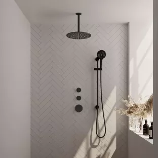 Brauer Black Carving Thermostatic Built-in Shower Set - Overhead shower 30 cm - Ceiling arm - Round hand shower - Sliding bar with connection bend - Matt black