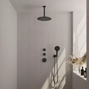 Brauer Black Carving Thermostatic Built-in Shower Set - Overhead shower 30 cm - Ceiling arm - Round hand shower - Wall connection - Matt black