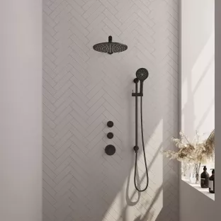 Brauer Black Carving Thermostatic Built-in Shower Set - Overhead shower 30 cm - Straight wall arm - Round hand shower - Sliding bar with connection bend - Matt black