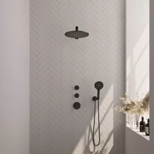 Brauer Black Carving Thermostatic Built-in Shower Set - Overhead shower 30 cm - Straight wall arm - Round hand shower - Wall connection - Matt black