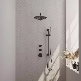 Brauer Black Carving Thermostatic Built-in Shower Set - Overhead shower 30 cm - Straight wall arm - Rod hand shower - Sliding bar with connection bend - Matt black