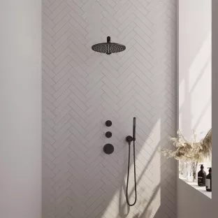 Brauer Black Carving Thermostatic Built-in Shower Set - Overhead shower 30 cm - Straight wall arm - Rod hand shower - Wall connection - Matt black