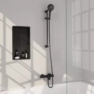 Brauer Black Edition Surface-mounted Bath shower thermostatic tap - sliding bar - round hand shower 3 settings - shower hose - matt black