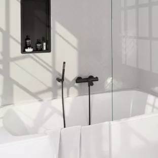 Brauer Black Edition Surface-mounted Bath shower thermostatic tap - wall bracket - rod hand shower - shower hose - matt black