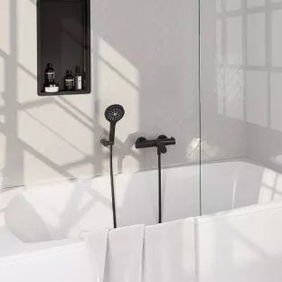 Brauer Black Edition Surface-mounted Bath shower thermostatic tap - wall bracket - round hand shower 3 settings - shower hose - matt black