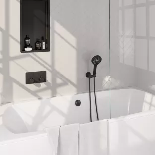 Brauer Black Edition built-in bath thermostat with push buttons - bath filling combination - round hand shower - shower hose - wall connection bend - Matt Black