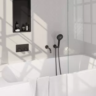 Brauer Black Edition built-in bath thermostat with push buttons - spout - round hand shower - shower hose - wall connection bend - Matt Black