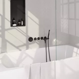 Brauer Black Edition built-in bath thermostat with spout - rod hand shower - shower hose - wall connection bend - Matt Black