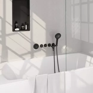 Brauer Black Edition built-in bath thermostat with spout - round hand shower - shower hose - wall connection bend - Matt Black