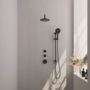 Brauer Black Edition thermostatic built-in shower set - overhead shower 20 cm - curved wall arm - round hand shower - sliding bar with connection bend - matt black