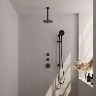 Brauer Black Edition thermostatic built-in shower set - overhead shower 20 cm - ceiling arm - round hand shower - sliding bar with connection bend - matt black