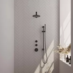 Brauer Black Edition thermostatic built-in shower set - overhead shower 20 cm - straight wall arm - rod hand shower - sliding bar with connection bend - matt black