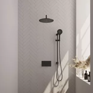 Brauer Black Edition thermostatic built-in rain shower set - push buttons - main shower 30 cm - curved wall arm - round hand shower - sliding bar with connection bend - matt black