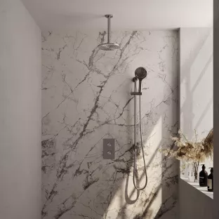 Brauer Brushed Carving Built-in set with 3-way thermostat - Overhead shower 20 cm - Ceiling arm - Round hand shower - Sliding bar with connection bend - Brushed stainless steel PVD