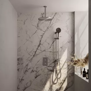 Brauer Brushed Carving Built-in set with 3-way thermostat - Overhead shower 30 cm - Ceiling arm - Round hand shower - Sliding bar with connection bend - Brushed stainless steel PVD