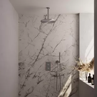 Brauer Brushed Carving Built-in set with 3-way thermostat - Overhead shower 30 cm - Ceiling arm - Rod hand shower - Wall connection - Brushed stainless steel PVD