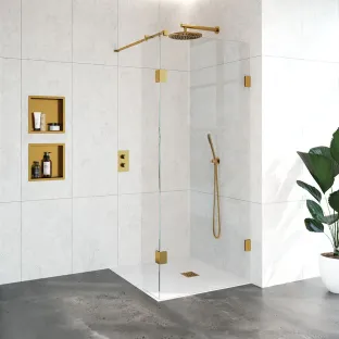 Brauer Complete Profileless Walk-in Shower - 90x200 cm - Fixed side wall 30 cm - Gold