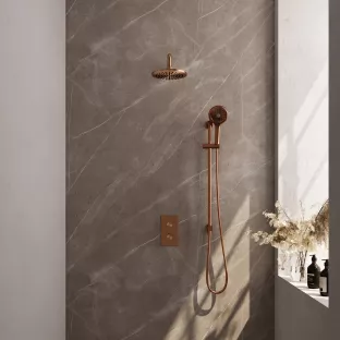 Brauer Copper Carving Built-in set with 3-way thermostat - Overhead shower 20 cm - Curved wall arm - Round hand shower - Sliding bar with connection bend - Brushed copper PVD