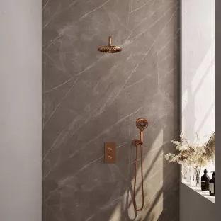 Brauer Copper Carving Built-in set with 3-way thermostat - Overhead shower 20 cm - Curved wall arm - Round hand shower - Wall connection - Brushed copper PVD