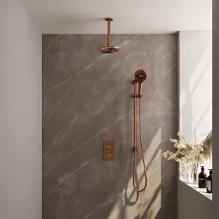 Brauer Copper Carving Built-in set with 3-way thermostat - Overhead shower 20 cm - Ceiling arm - Round hand shower - Sliding rod with connection bend - Brushed copper PVD